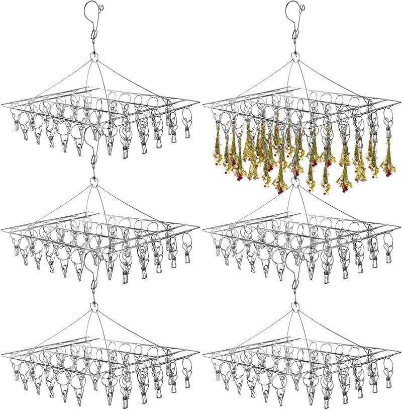 BrightRow 6 Pcs Herb Drying Rack Hanging - Stainless Steel with Clips Clothes Laundry Drying Rack Hanger Collapsible for Plants Bud Weed Onion Macrame Flower Spices(Square) - Image 1